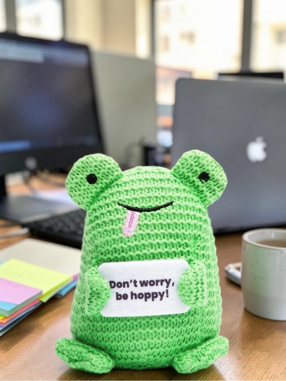Green Crochet Frog Plush - 'Don't Worry, Be Hoppy!'